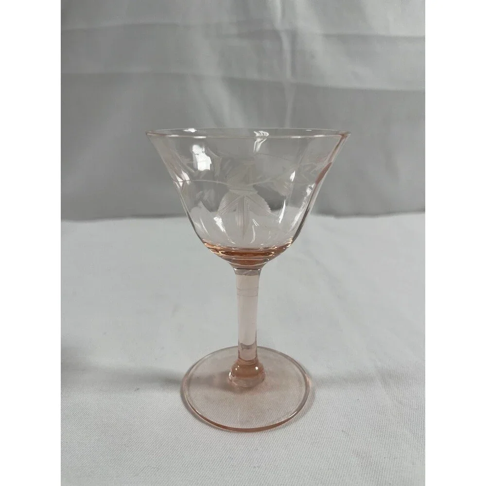 Lot of 2 Vintage Pink Depression Wine Glass Floral Etched #676